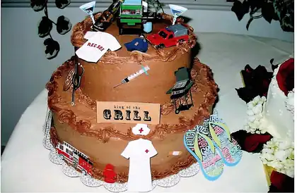 Chocolate groom's cake decorated with grill theme