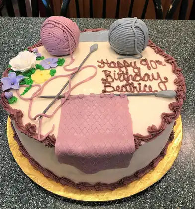 90th birthday cake with knitting theme