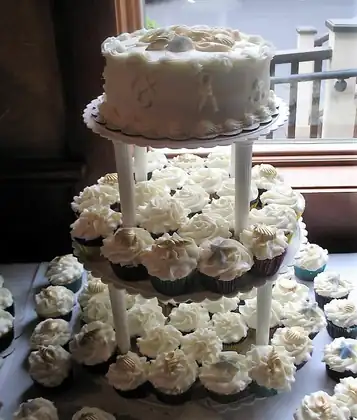 Tiered cupcake tower with a cake on top